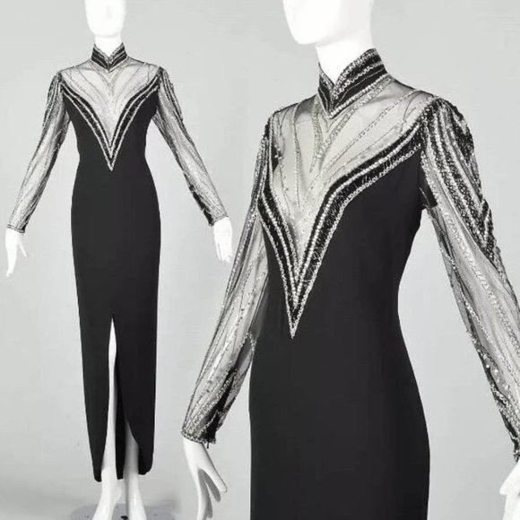 Bob Mackie Art Deco Gown Mandarin Neck Black Sheer Mesh, Deep V Plunge Beaded, - Picture 2 of 12